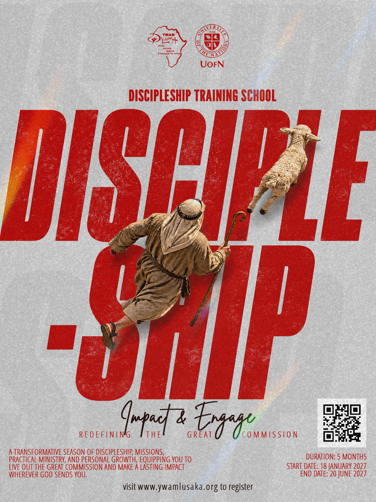 Impact & Engage Discipleship Training School 2027 poster: 5 months, 18 January to 20 June 2027